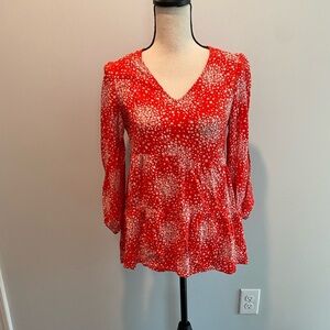 Boden Red Floral Peasant Tunic Boho Top Blouse 3/4 Sleeve Womens size 2